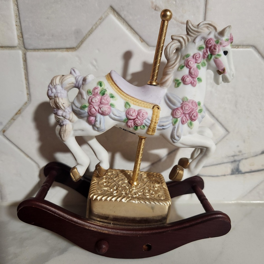 Vintage 1989  Porcelain Rocking Horse‎ Music Box Floral Pink music box company